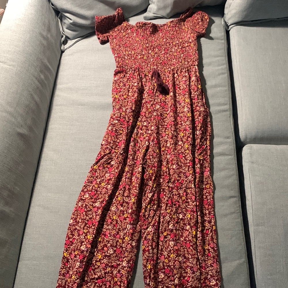 Xhilaration pink floral off the shoulder jumpsuit, size M.